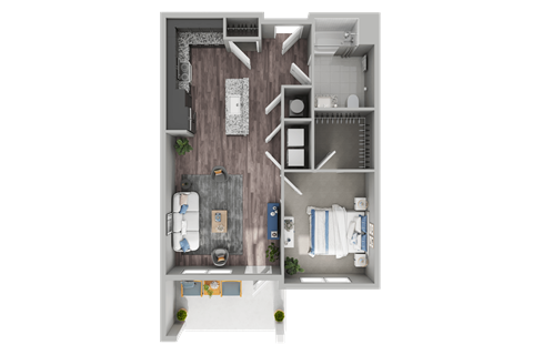 Floor plan for 1 bed, 1 bath, 731 sqft